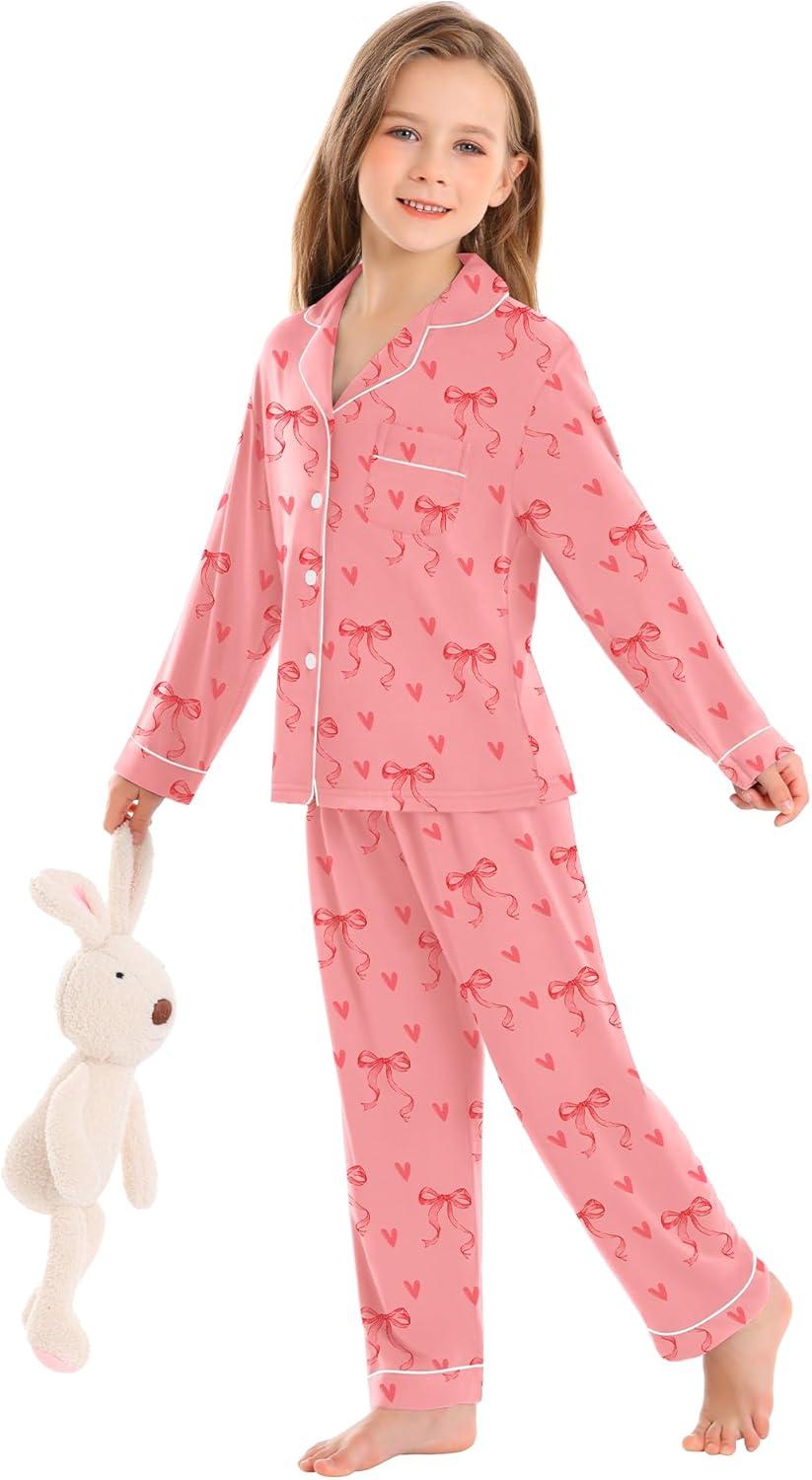 imageSWOMOG Kids Pajamas Sets Girls Boys Long Sleeve Sleepwear 2 Piece Lounge Sets Modal Button Down Pjs Set for 413 YearsApink Bowknot