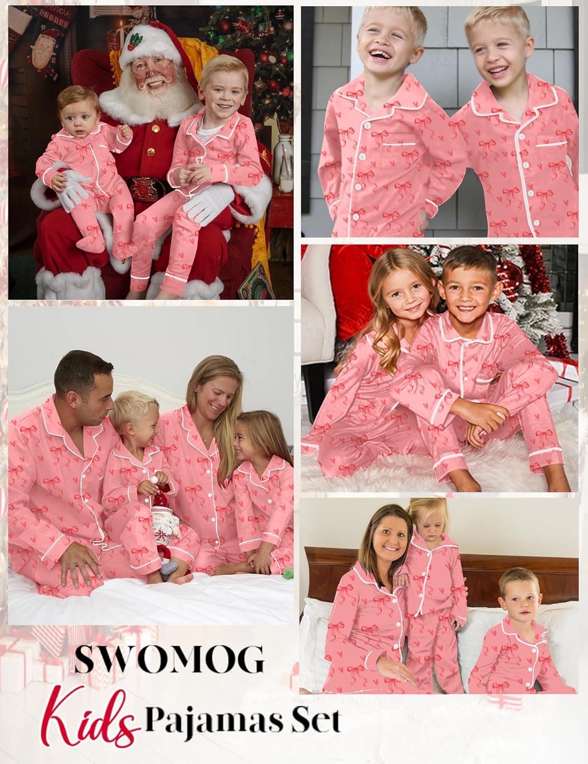 imageSWOMOG Kids Pajamas Sets Girls Boys Long Sleeve Sleepwear 2 Piece Lounge Sets Modal Button Down Pjs Set for 413 YearsApink Bowknot