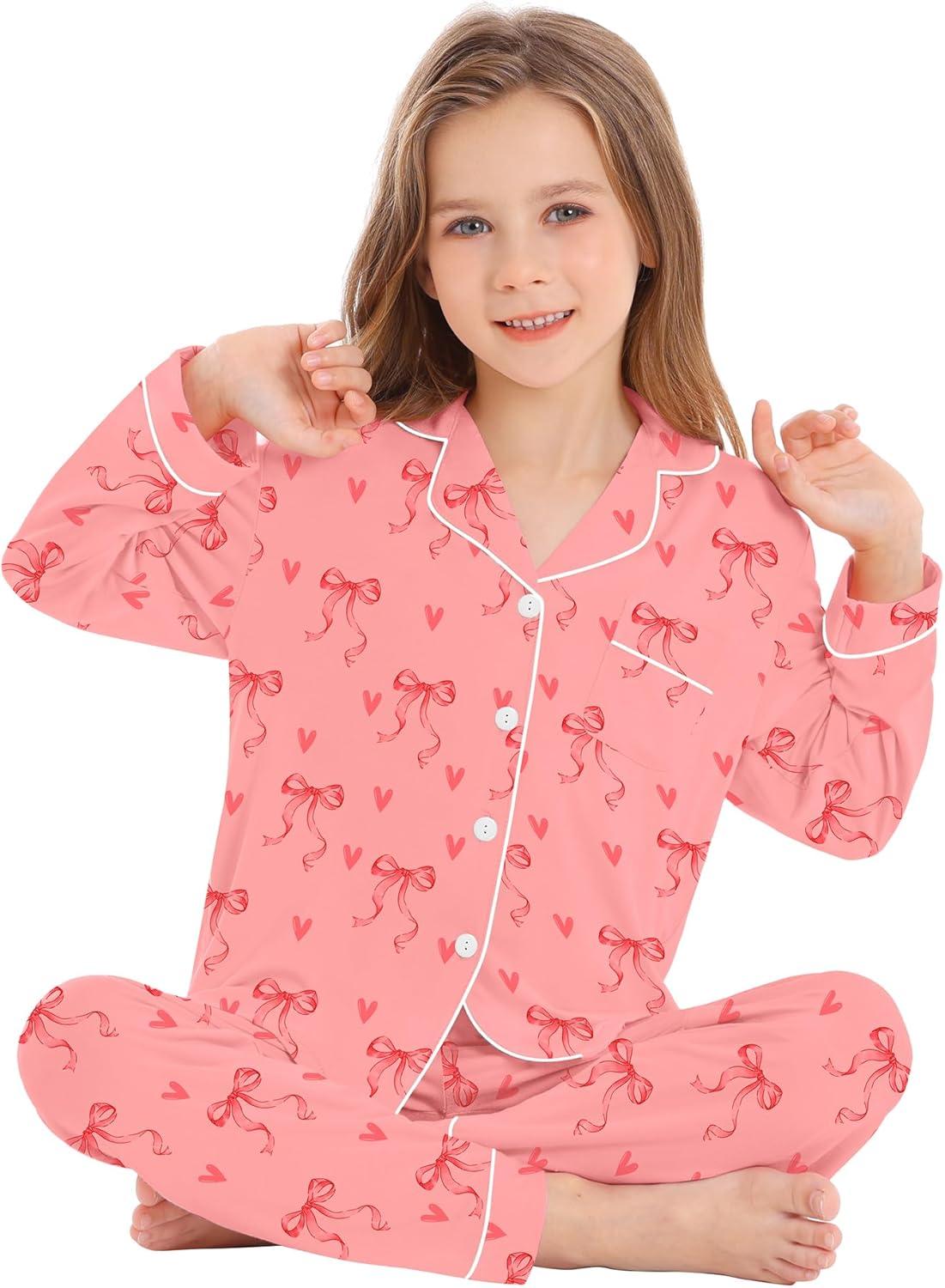 imageSWOMOG Kids Pajamas Sets Girls Boys Long Sleeve Sleepwear 2 Piece Lounge Sets Modal Button Down Pjs Set for 413 YearsApink Bowknot