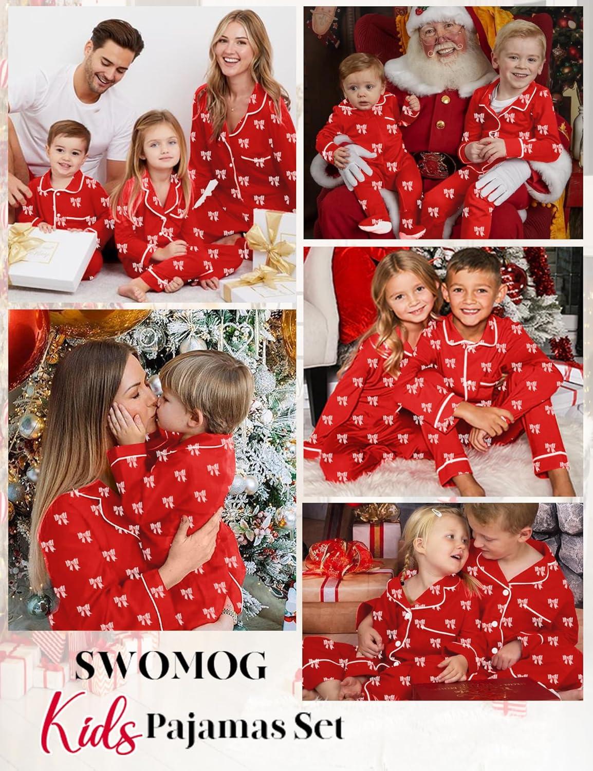 imageSWOMOG Kids Pajamas Sets Girls Boys Long Sleeve Sleepwear 2 Piece Lounge Sets Modal Button Down Pjs Set for 413 YearsAred Bowknot