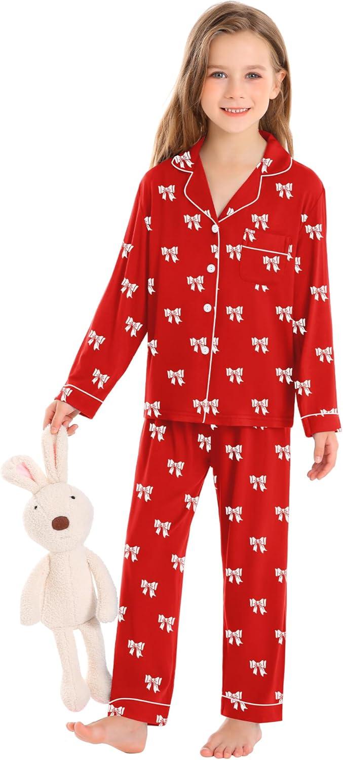 imageSWOMOG Kids Pajamas Sets Girls Boys Long Sleeve Sleepwear 2 Piece Lounge Sets Modal Button Down Pjs Set for 413 YearsAred Bowknot