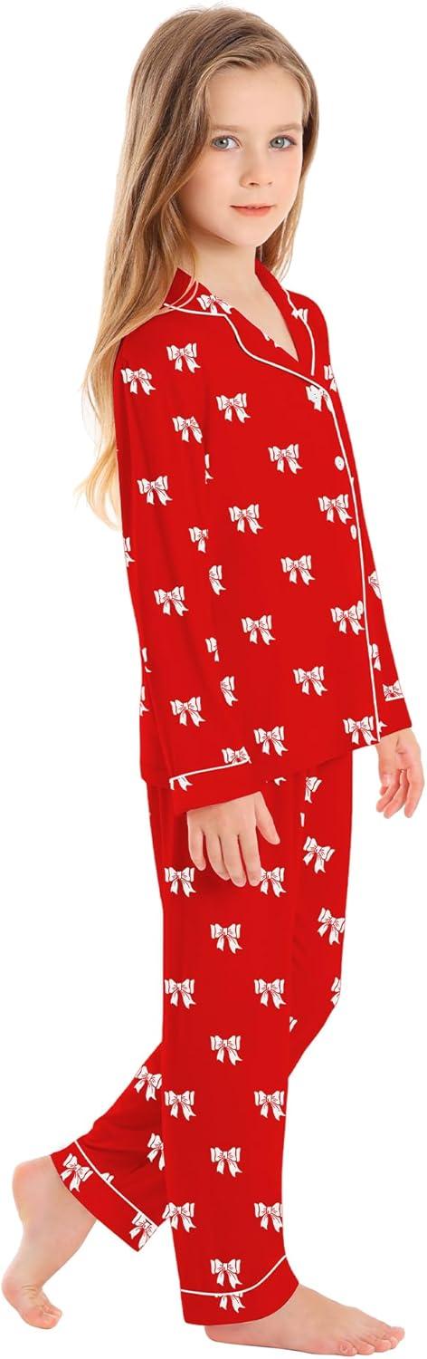 imageSWOMOG Kids Pajamas Sets Girls Boys Long Sleeve Sleepwear 2 Piece Lounge Sets Modal Button Down Pjs Set for 413 YearsAred Bowknot