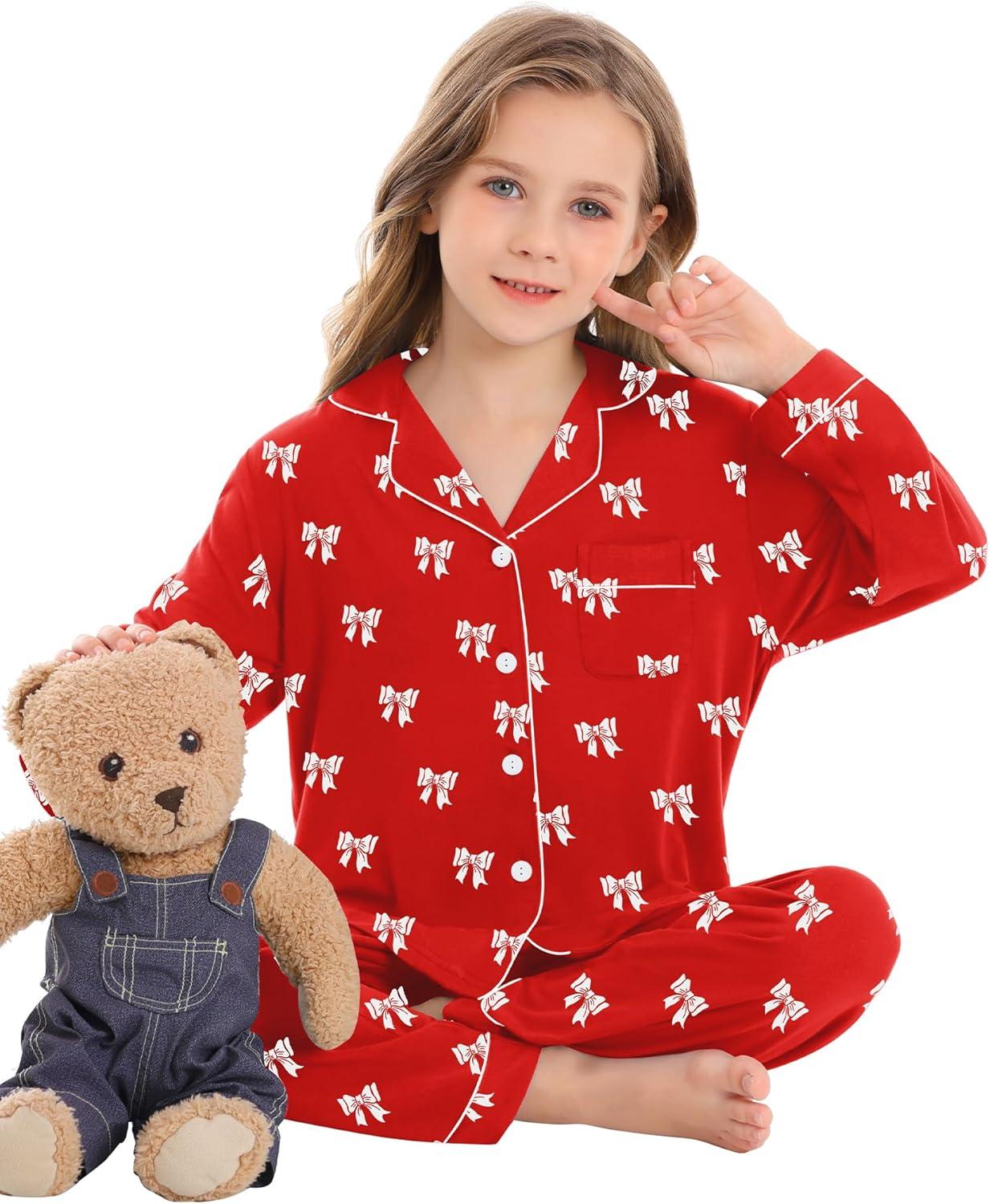 imageSWOMOG Kids Pajamas Sets Girls Boys Long Sleeve Sleepwear 2 Piece Lounge Sets Modal Button Down Pjs Set for 413 YearsAred Bowknot