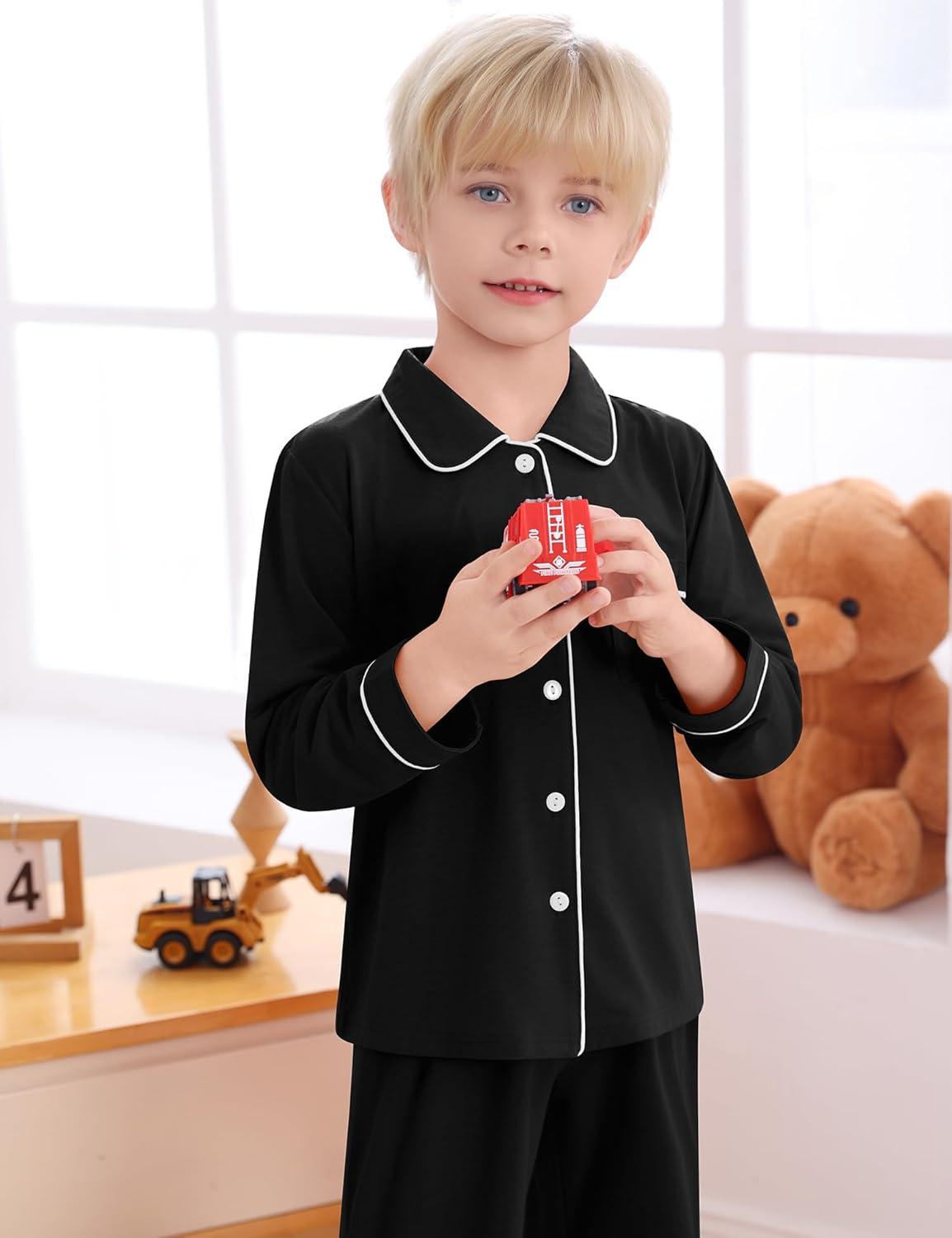 imageSWOMOG Kids Pajamas Sets Girls Boys Long Sleeve Sleepwear 2 Piece Lounge Sets Modal Button Down Pjs Set for 413 YearsZblack
