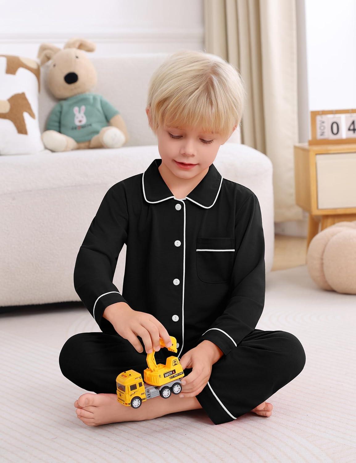 imageSWOMOG Kids Pajamas Sets Girls Boys Long Sleeve Sleepwear 2 Piece Lounge Sets Modal Button Down Pjs Set for 413 YearsZblack