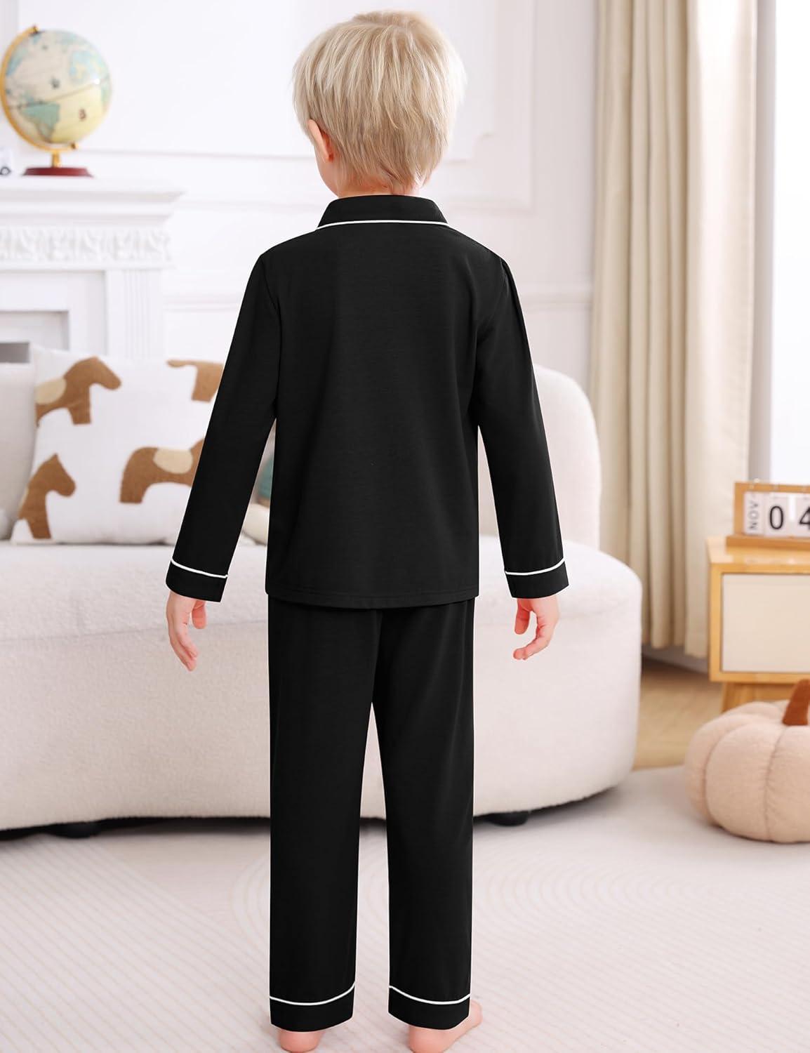 imageSWOMOG Kids Pajamas Sets Girls Boys Long Sleeve Sleepwear 2 Piece Lounge Sets Modal Button Down Pjs Set for 413 YearsZblack