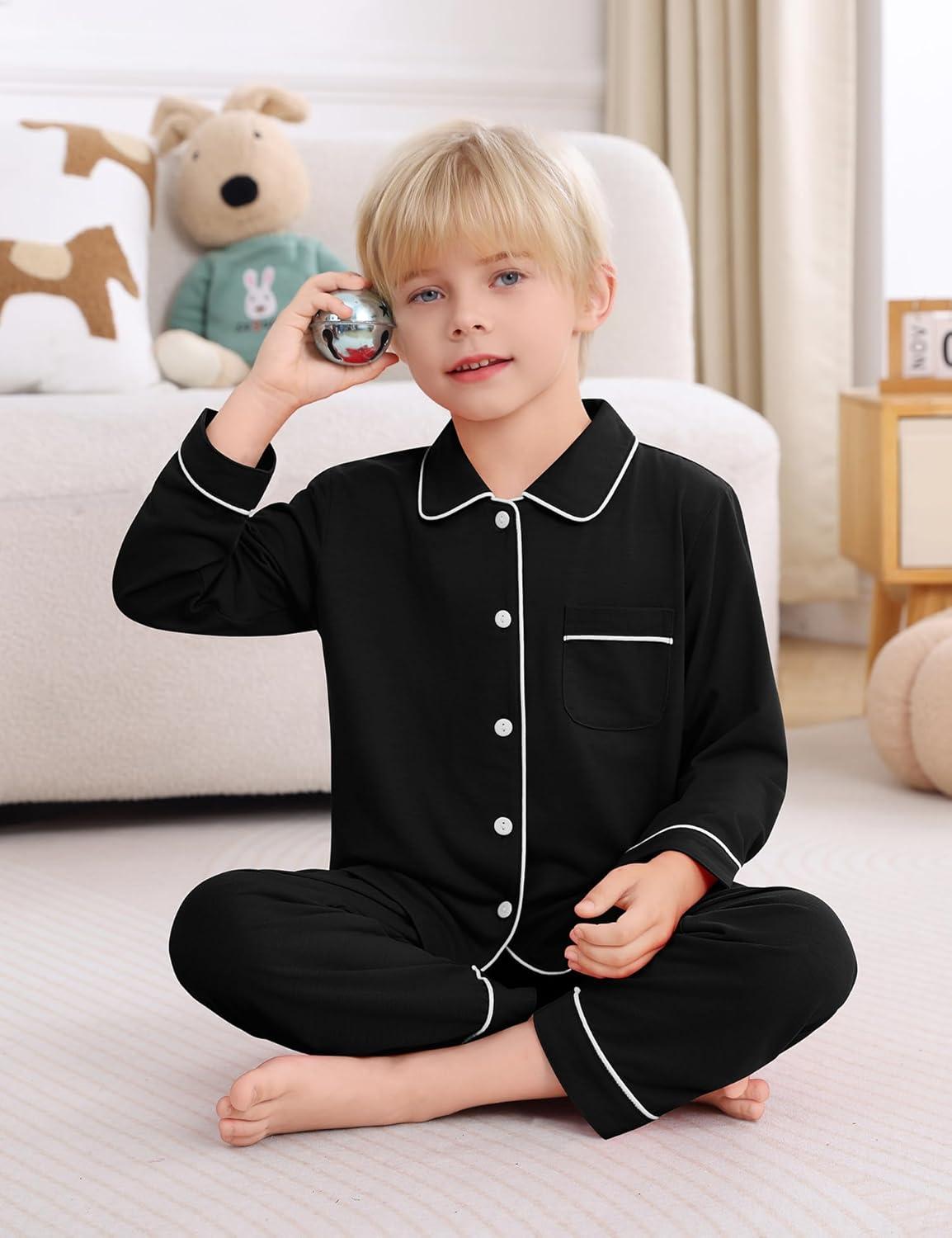 imageSWOMOG Kids Pajamas Sets Girls Boys Long Sleeve Sleepwear 2 Piece Lounge Sets Modal Button Down Pjs Set for 413 YearsZblack