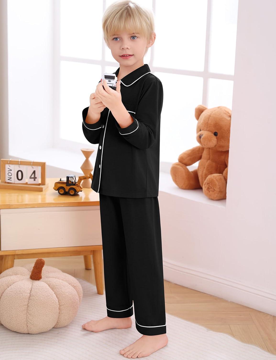 imageSWOMOG Kids Pajamas Sets Girls Boys Long Sleeve Sleepwear 2 Piece Lounge Sets Modal Button Down Pjs Set for 413 YearsZblack