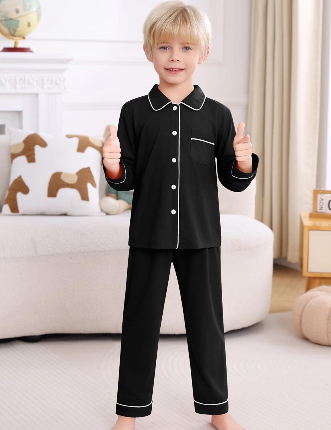 imageSWOMOG Kids Pajamas Sets Girls Boys Long Sleeve Sleepwear 2 Piece Lounge Sets Modal Button Down Pjs Set for 413 YearsZblack