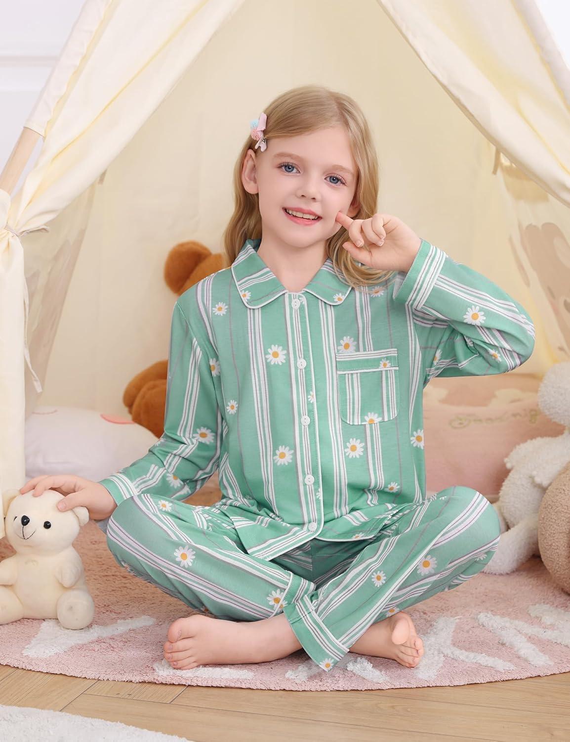 imageSWOMOG Kids Pajamas Sets Girls Boys Long Sleeve Sleepwear 2 Piece Lounge Sets Modal Button Down Pjs Set for 413 YearsZblue Daisy