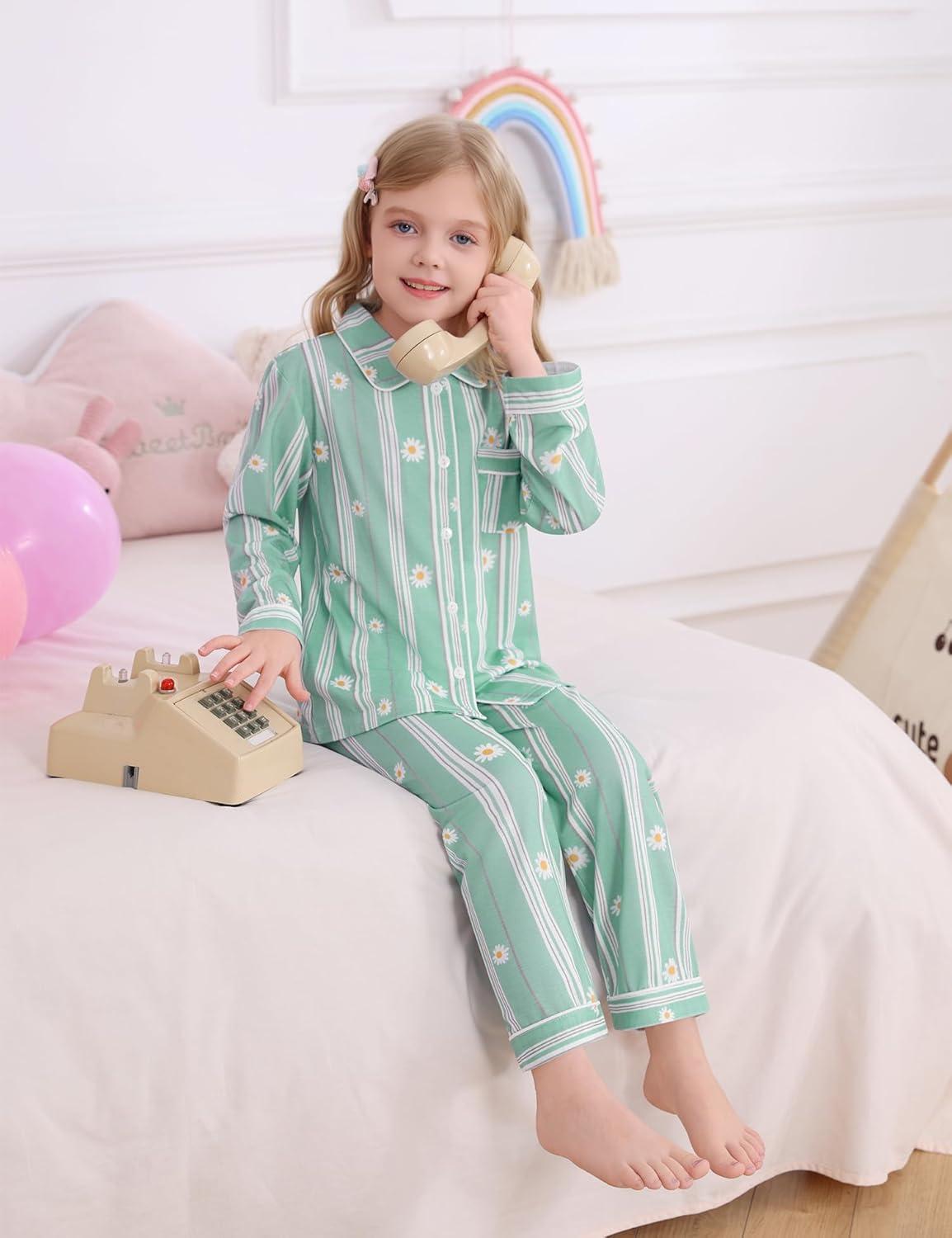imageSWOMOG Kids Pajamas Sets Girls Boys Long Sleeve Sleepwear 2 Piece Lounge Sets Modal Button Down Pjs Set for 413 YearsZblue Daisy