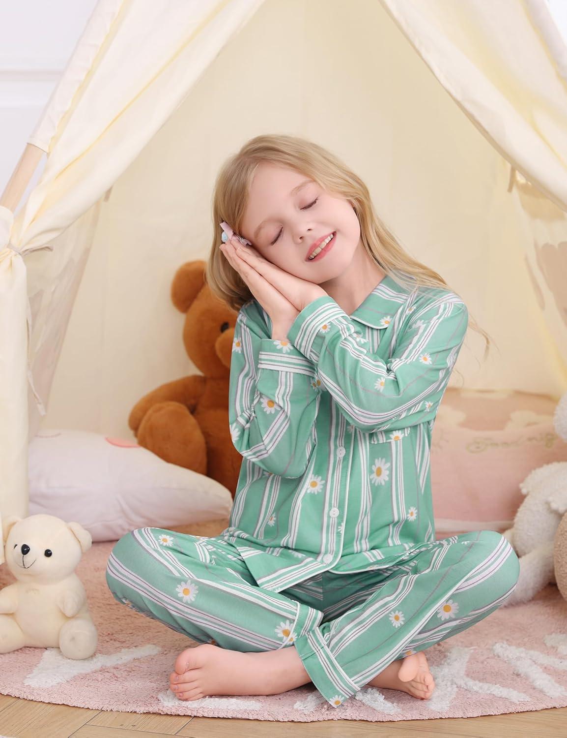 imageSWOMOG Kids Pajamas Sets Girls Boys Long Sleeve Sleepwear 2 Piece Lounge Sets Modal Button Down Pjs Set for 413 YearsZblue Daisy