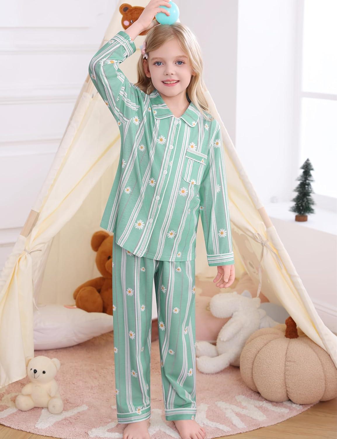 imageSWOMOG Kids Pajamas Sets Girls Boys Long Sleeve Sleepwear 2 Piece Lounge Sets Modal Button Down Pjs Set for 413 YearsZblue Daisy
