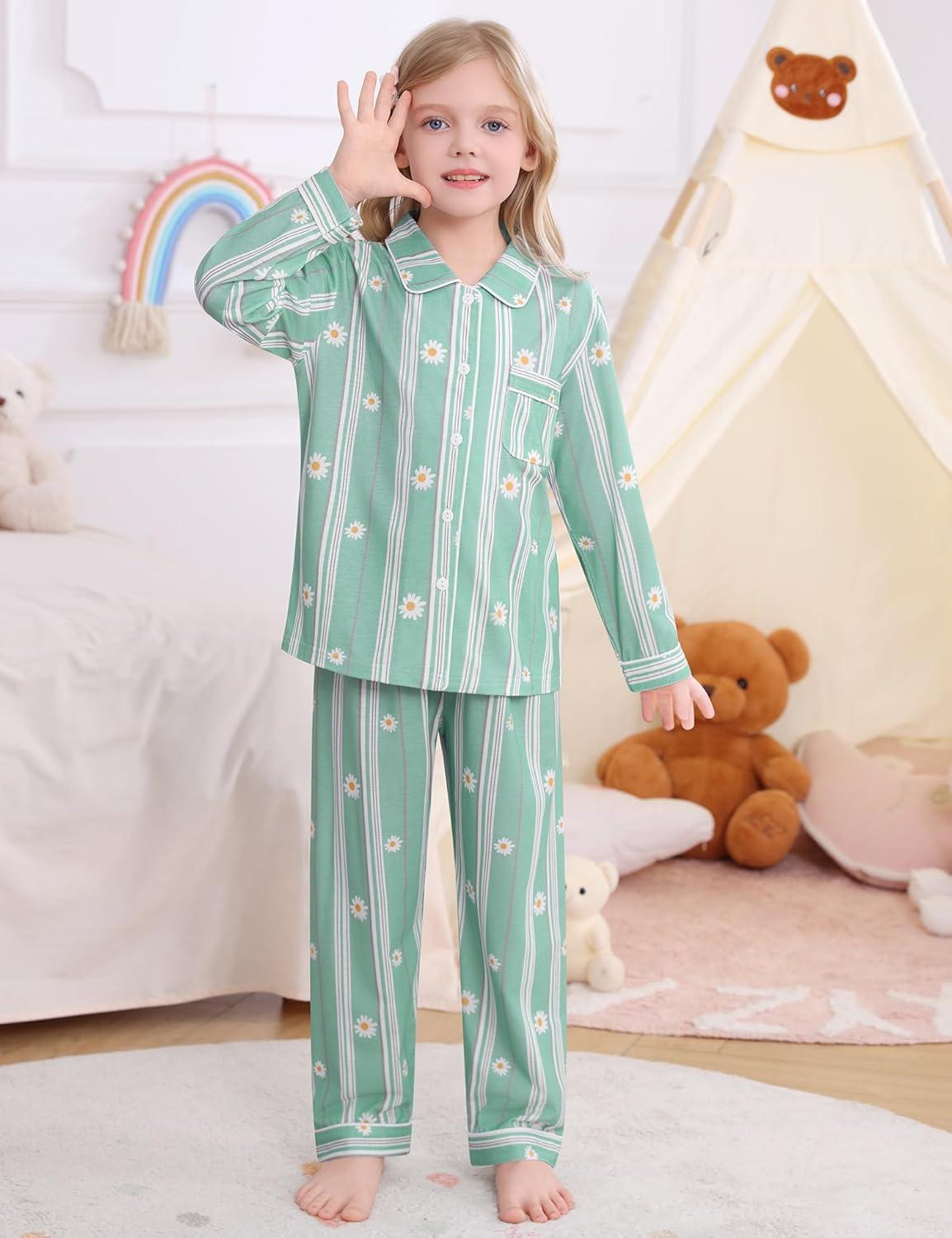 imageSWOMOG Kids Pajamas Sets Girls Boys Long Sleeve Sleepwear 2 Piece Lounge Sets Modal Button Down Pjs Set for 413 YearsZblue Daisy