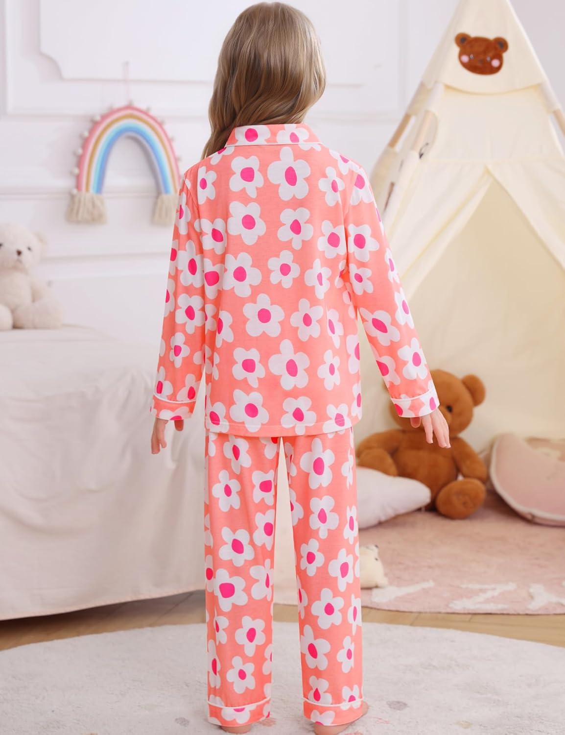 imageSWOMOG Kids Pajamas Sets Girls Boys Long Sleeve Sleepwear 2 Piece Lounge Sets Modal Button Down Pjs Set for 413 YearsZpink Flower