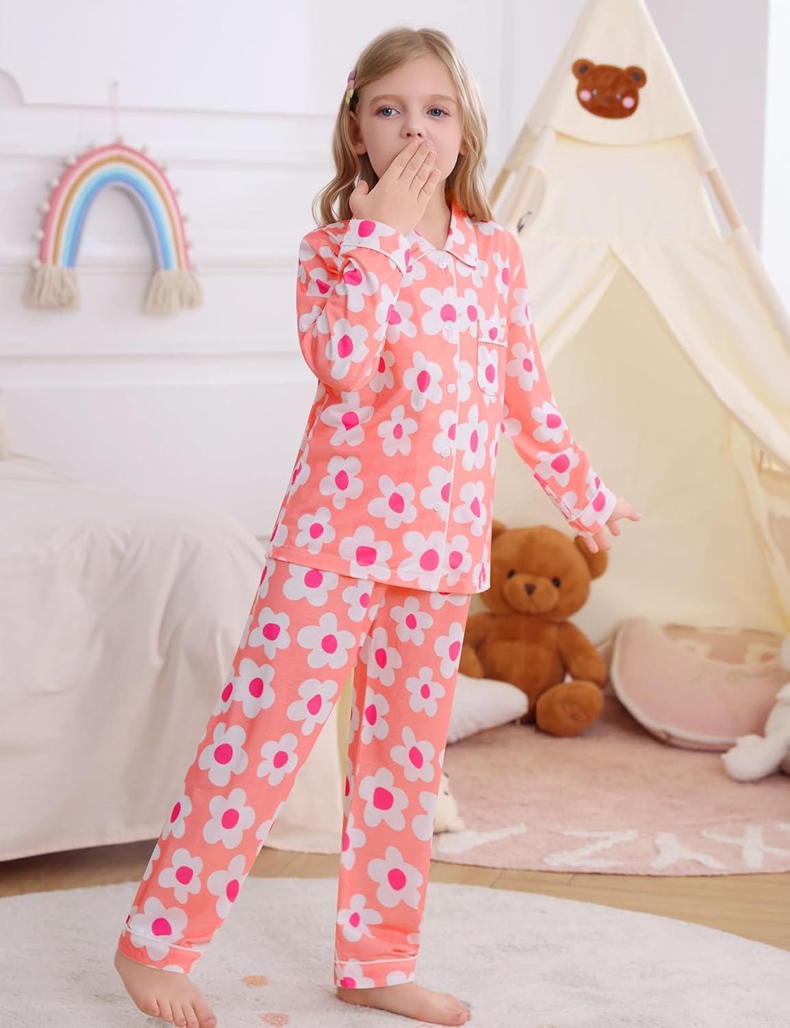 imageSWOMOG Kids Pajamas Sets Girls Boys Long Sleeve Sleepwear 2 Piece Lounge Sets Modal Button Down Pjs Set for 413 YearsZpink Flower