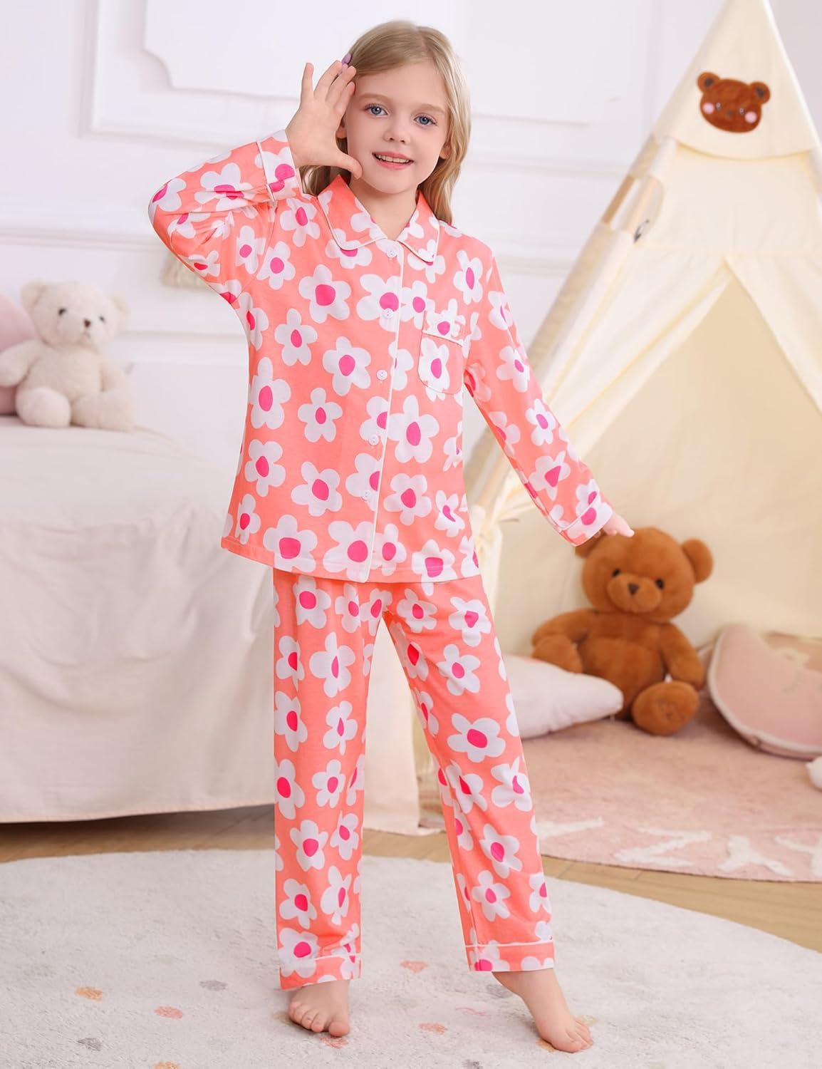imageSWOMOG Kids Pajamas Sets Girls Boys Long Sleeve Sleepwear 2 Piece Lounge Sets Modal Button Down Pjs Set for 413 YearsZpink Flower