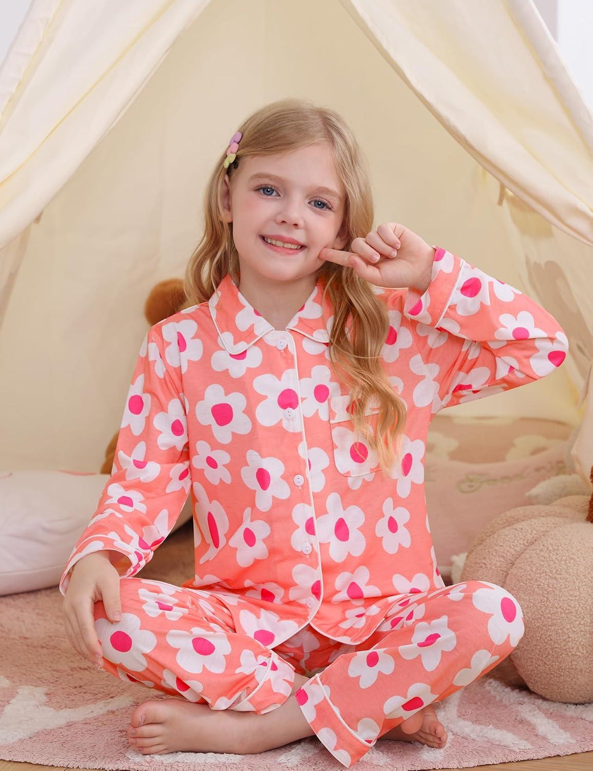 imageSWOMOG Kids Pajamas Sets Girls Boys Long Sleeve Sleepwear 2 Piece Lounge Sets Modal Button Down Pjs Set for 413 YearsZpink Flower