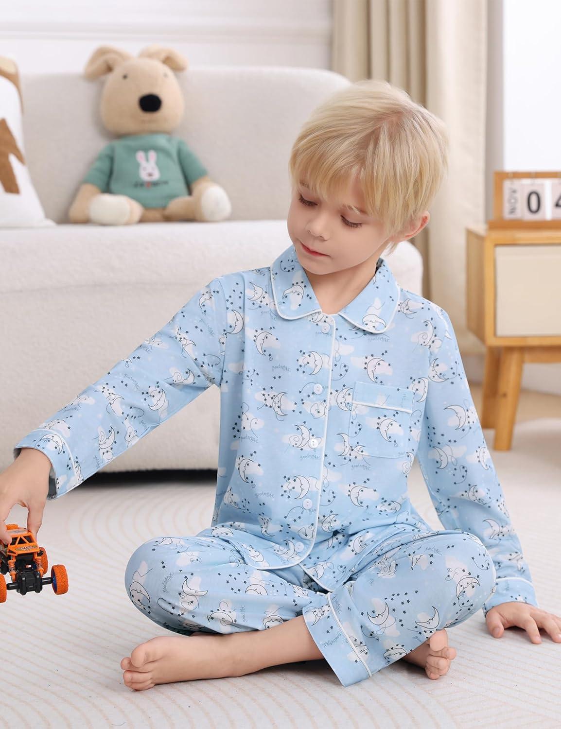 imageSWOMOG Kids Pajamas Sets Girls Boys Long Sleeve Sleepwear 2 Piece Lounge Sets Modal Button Down Pjs Set for 413 YearsZwhite Moon