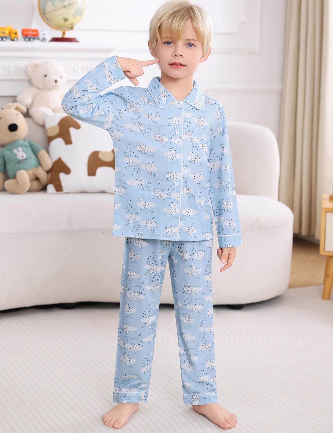 imageSWOMOG Kids Pajamas Sets Girls Boys Long Sleeve Sleepwear 2 Piece Lounge Sets Modal Button Down Pjs Set for 413 YearsZwhite Moon