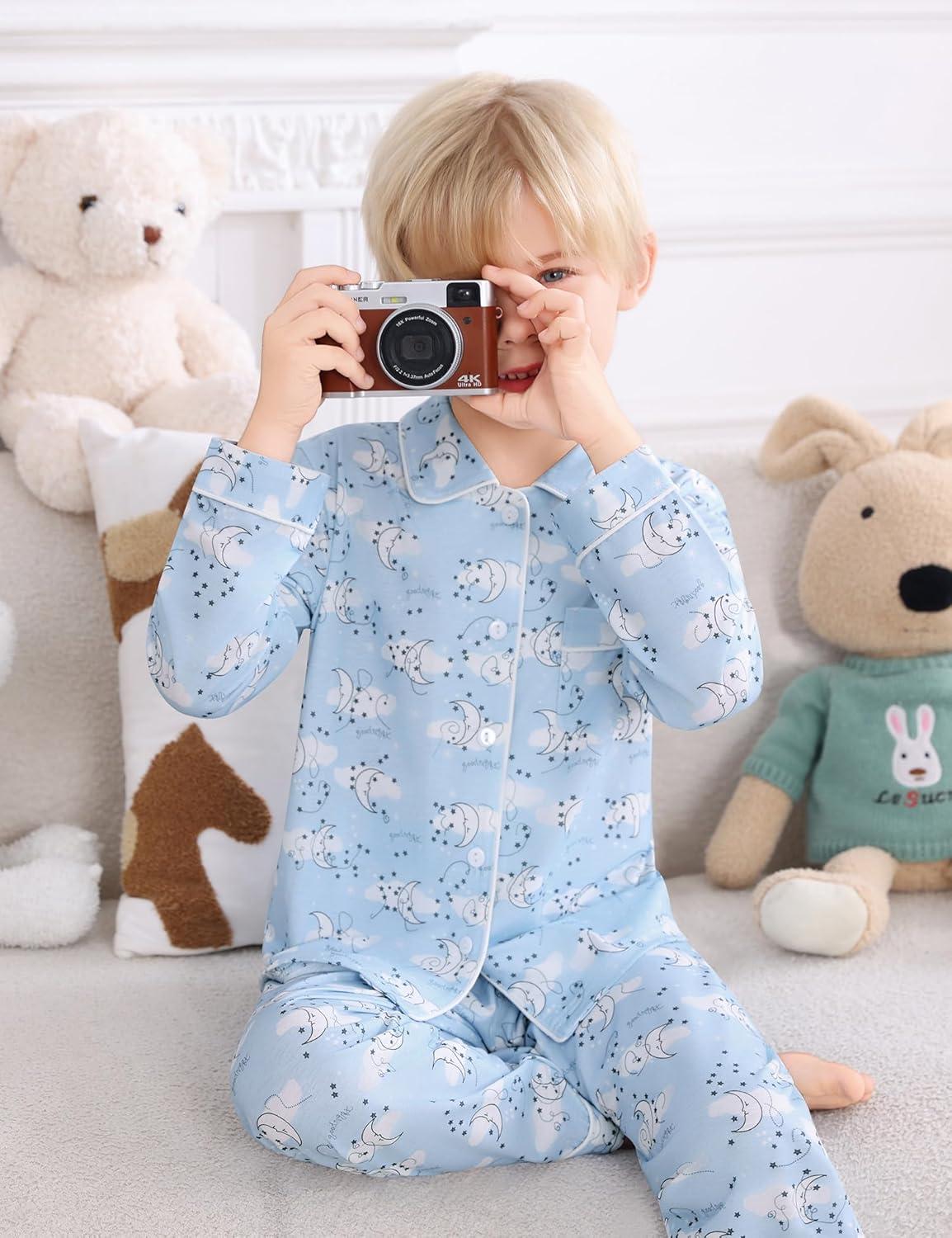imageSWOMOG Kids Pajamas Sets Girls Boys Long Sleeve Sleepwear 2 Piece Lounge Sets Modal Button Down Pjs Set for 413 YearsZwhite Moon