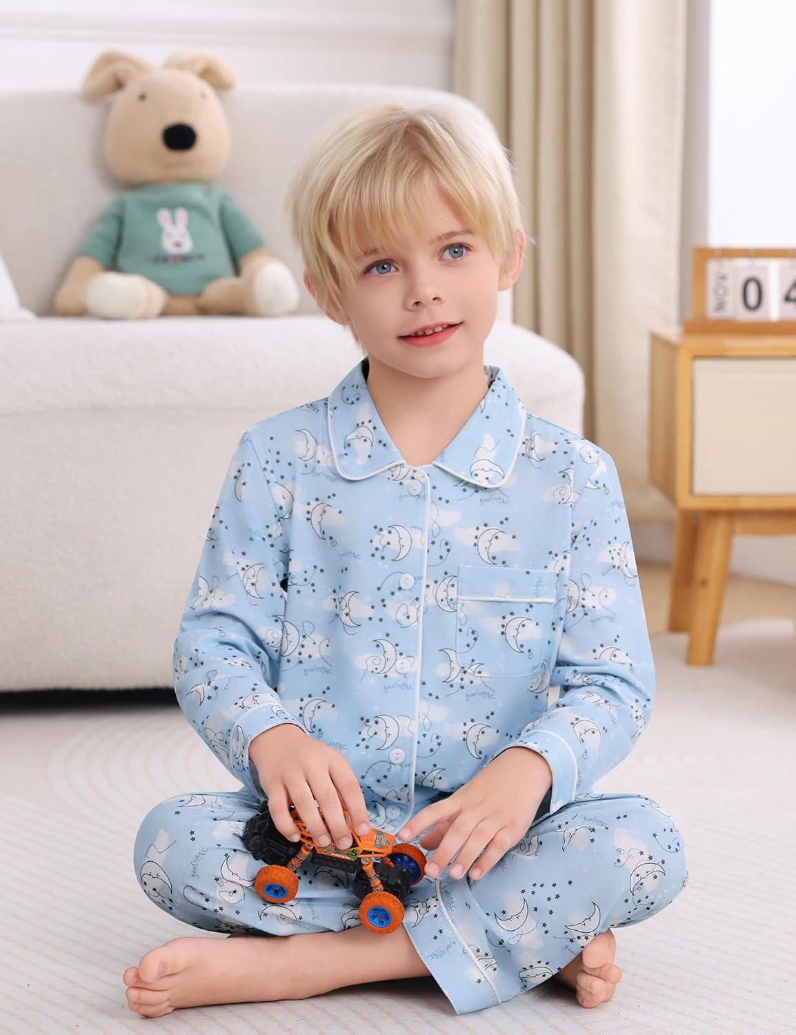 imageSWOMOG Kids Pajamas Sets Girls Boys Long Sleeve Sleepwear 2 Piece Lounge Sets Modal Button Down Pjs Set for 413 YearsZwhite Moon