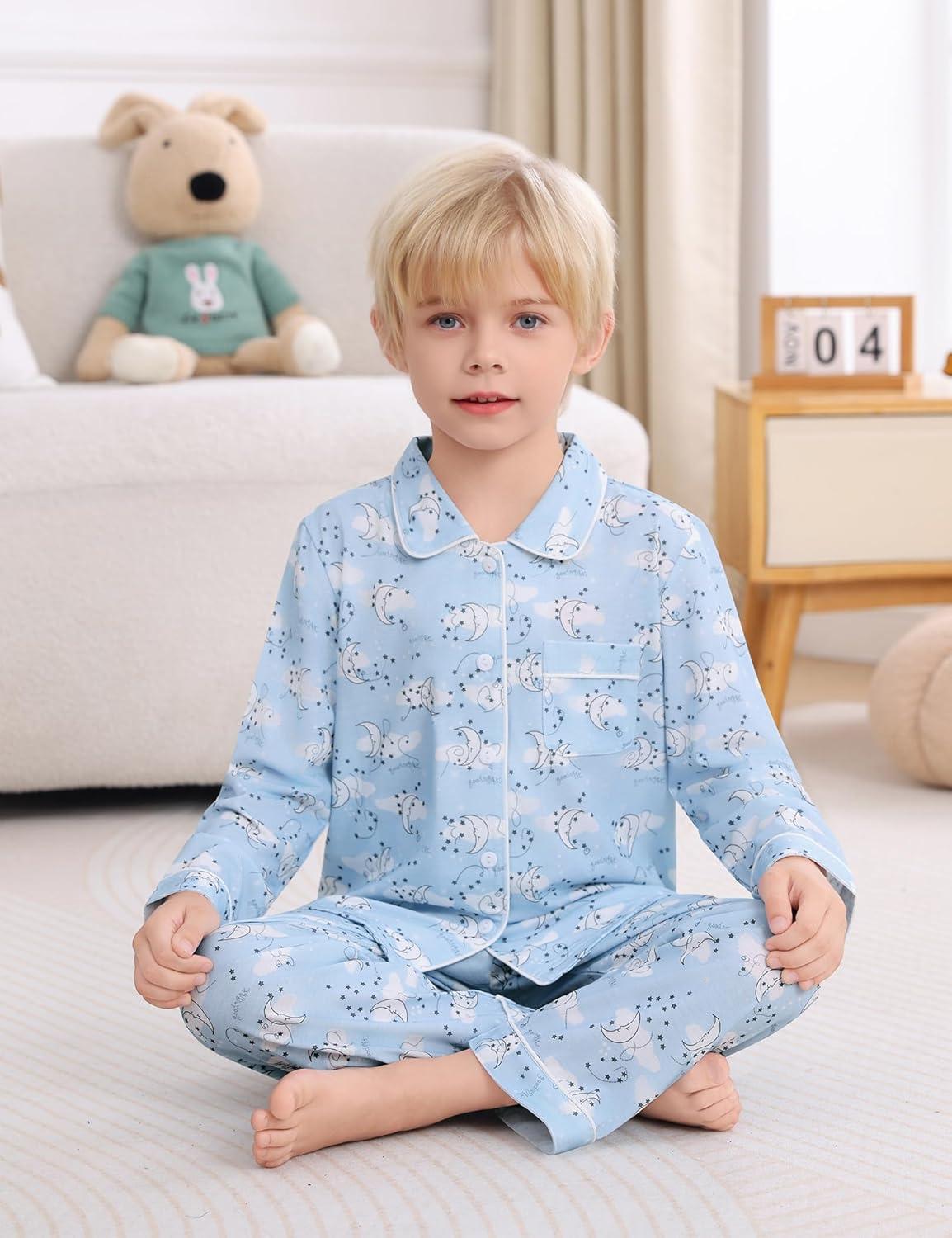 imageSWOMOG Kids Pajamas Sets Girls Boys Long Sleeve Sleepwear 2 Piece Lounge Sets Modal Button Down Pjs Set for 413 YearsZwhite Moon