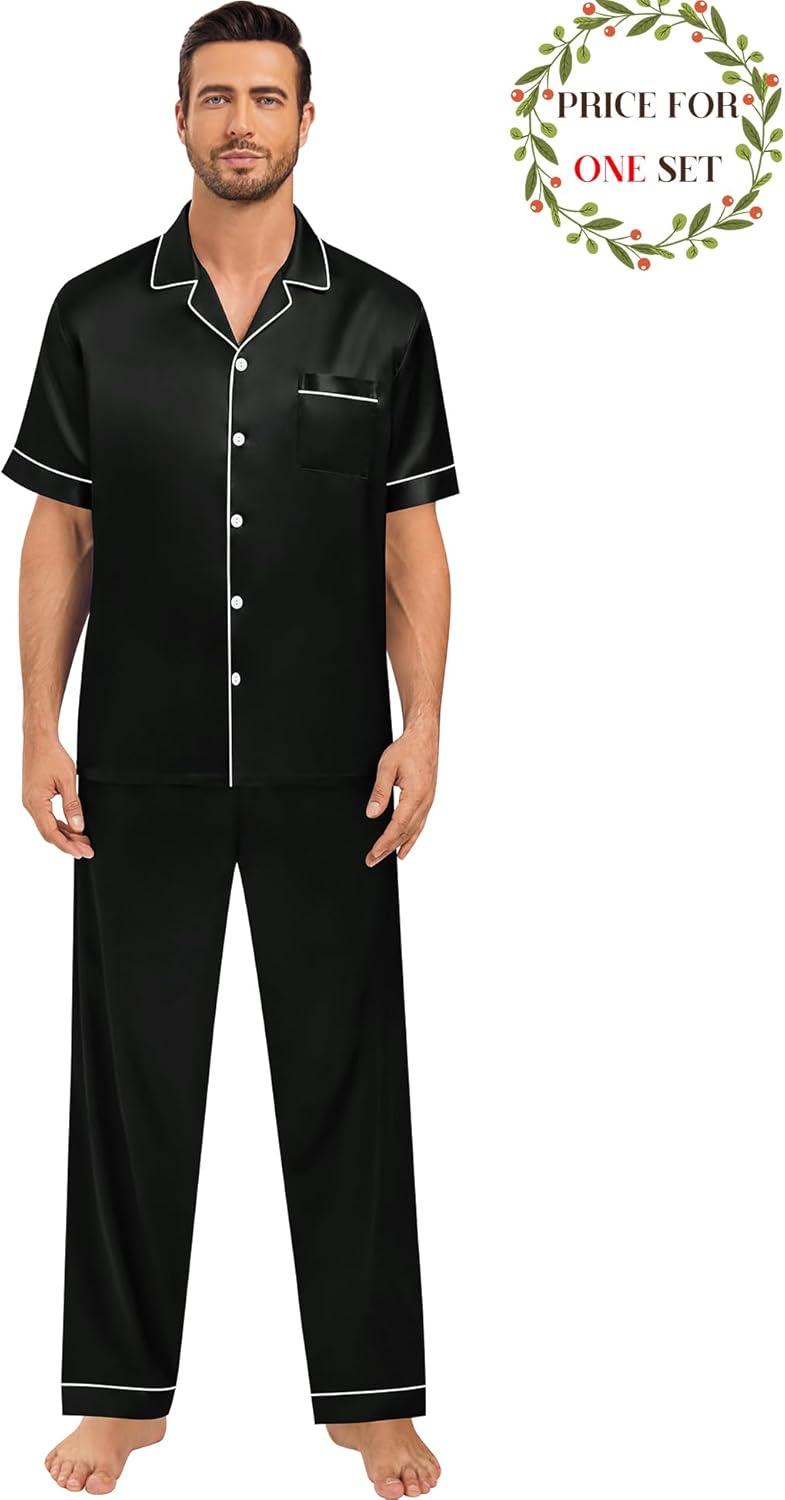 imageSWOMOG Matching Pajamas for Couples Satin Short Sleeve Sleepwear WomenMen Silk Soft Button Down Nightwear 2 Pcs LoungewearBlack