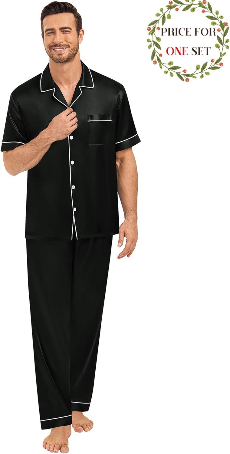 imageSWOMOG Matching Pajamas for Couples Satin Short Sleeve Sleepwear WomenMen Silk Soft Button Down Nightwear 2 Pcs LoungewearBlack