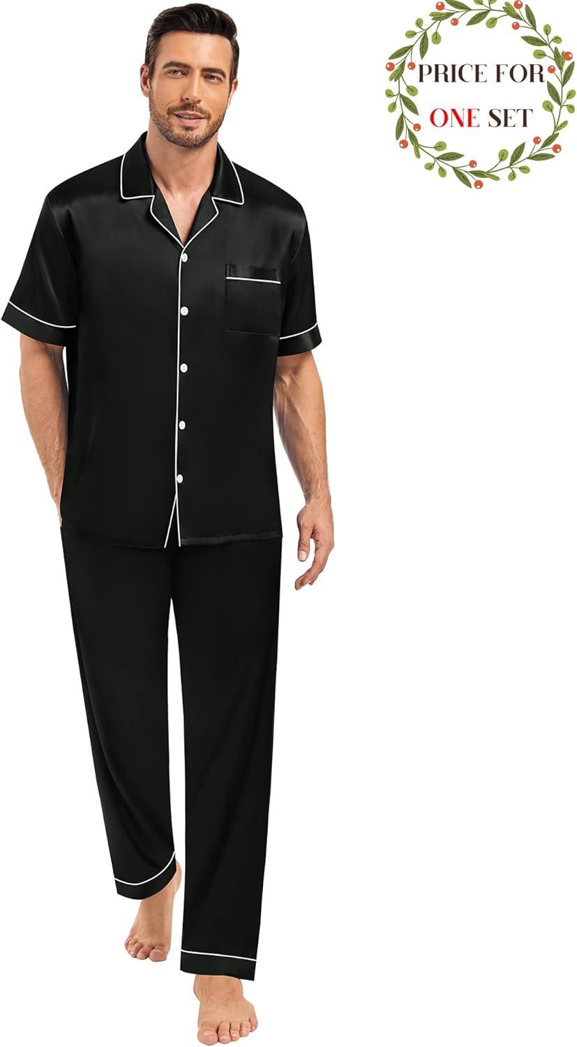 imageSWOMOG Matching Pajamas for Couples Satin Short Sleeve Sleepwear WomenMen Silk Soft Button Down Nightwear 2 Pcs LoungewearBlack