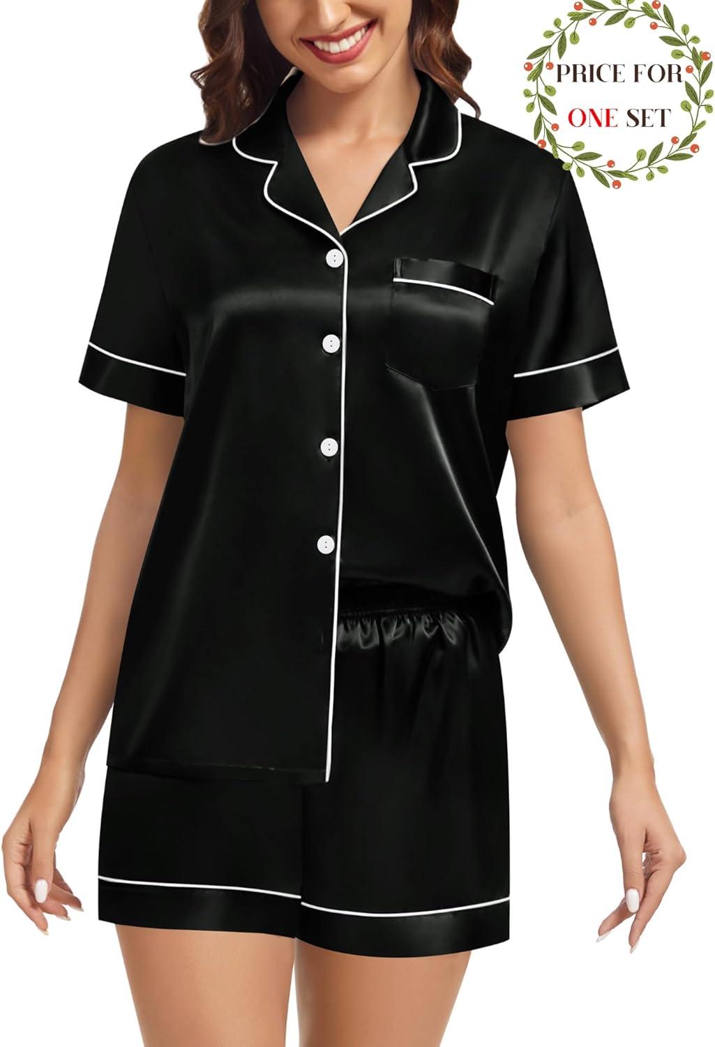 imageSWOMOG Matching Pajamas for Couples Satin Short Sleeve Sleepwear WomenMen Silk Soft Button Down Nightwear 2 Pcs LoungewearBlack
