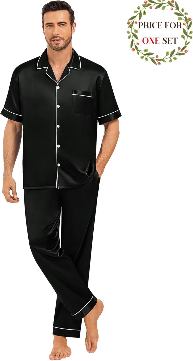 imageSWOMOG Matching Pajamas for Couples Satin Short Sleeve Sleepwear WomenMen Silk Soft Button Down Nightwear 2 Pcs LoungewearBlack