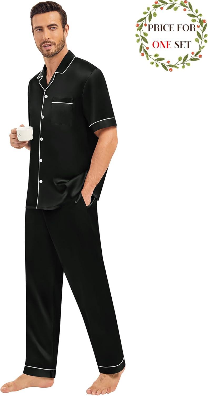 imageSWOMOG Matching Pajamas for Couples Satin Short Sleeve Sleepwear WomenMen Silk Soft Button Down Nightwear 2 Pcs LoungewearBlack