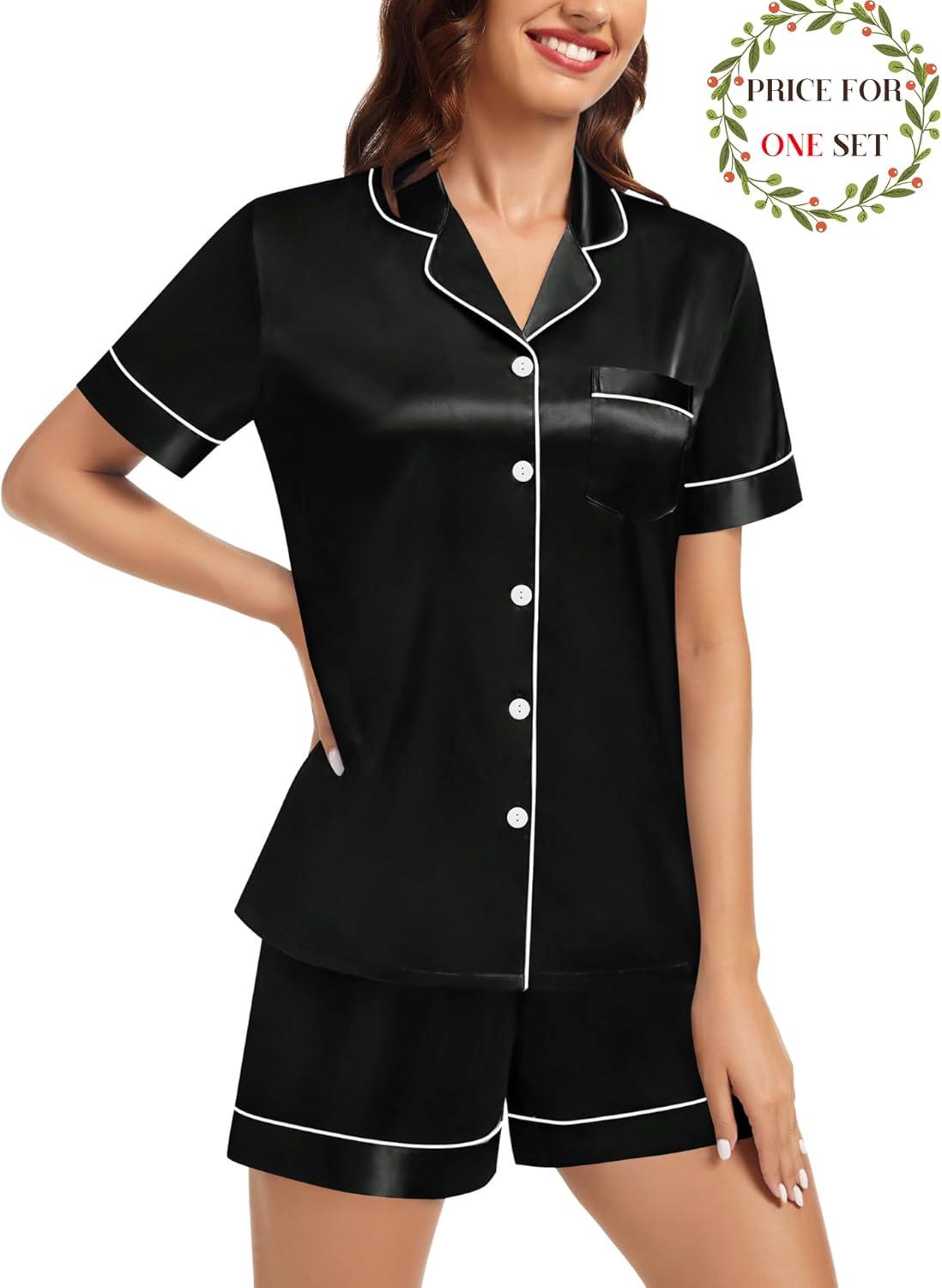 imageSWOMOG Matching Pajamas for Couples Satin Short Sleeve Sleepwear WomenMen Silk Soft Button Down Nightwear 2 Pcs LoungewearBlack