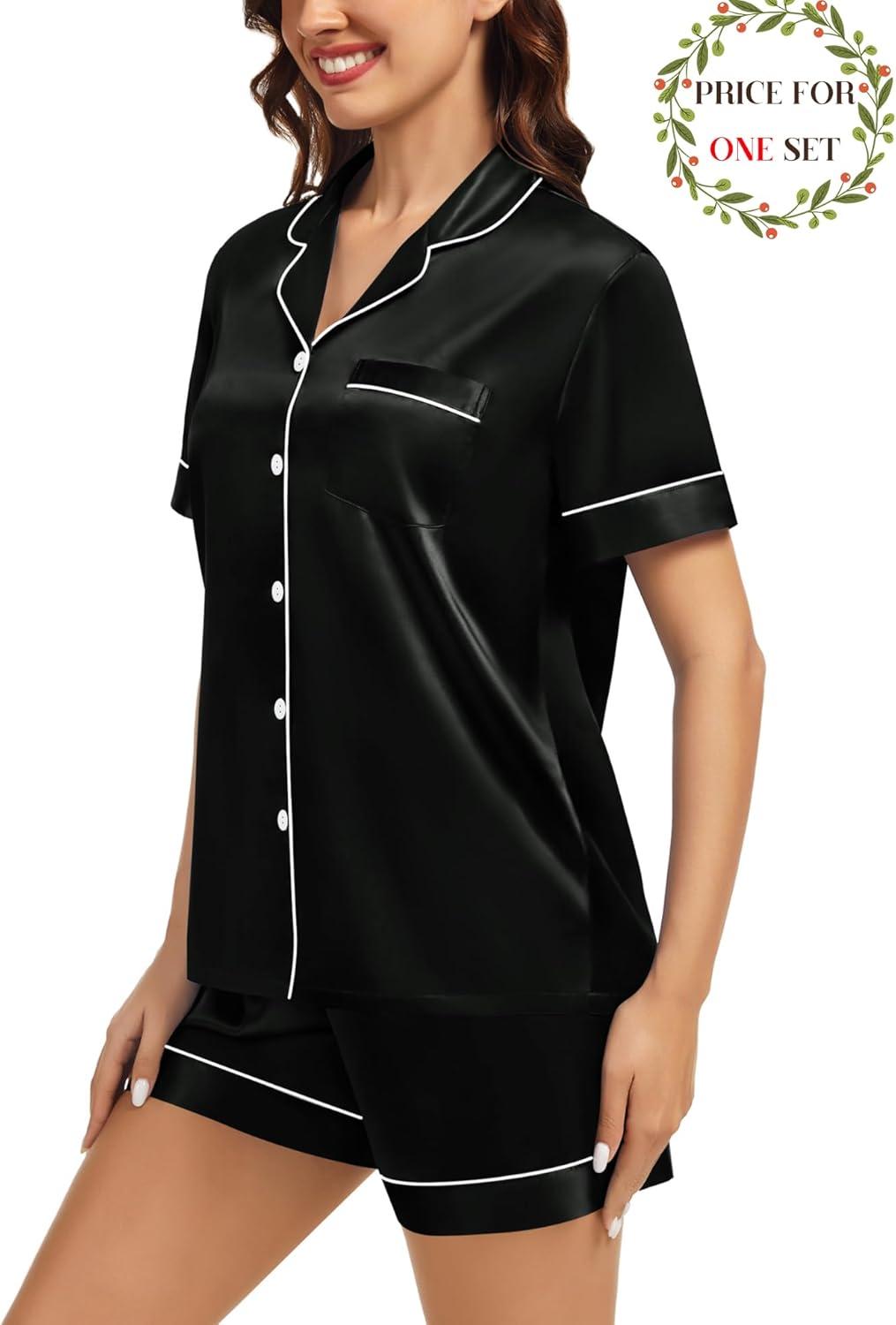 imageSWOMOG Matching Pajamas for Couples Satin Short Sleeve Sleepwear WomenMen Silk Soft Button Down Nightwear 2 Pcs LoungewearBlack