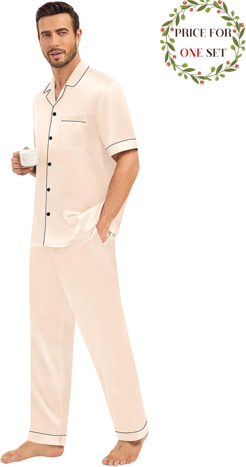 imageSWOMOG Matching Pajamas for Couples Satin Short Sleeve Sleepwear WomenMen Silk Soft Button Down Nightwear 2 Pcs LoungewearChampagne