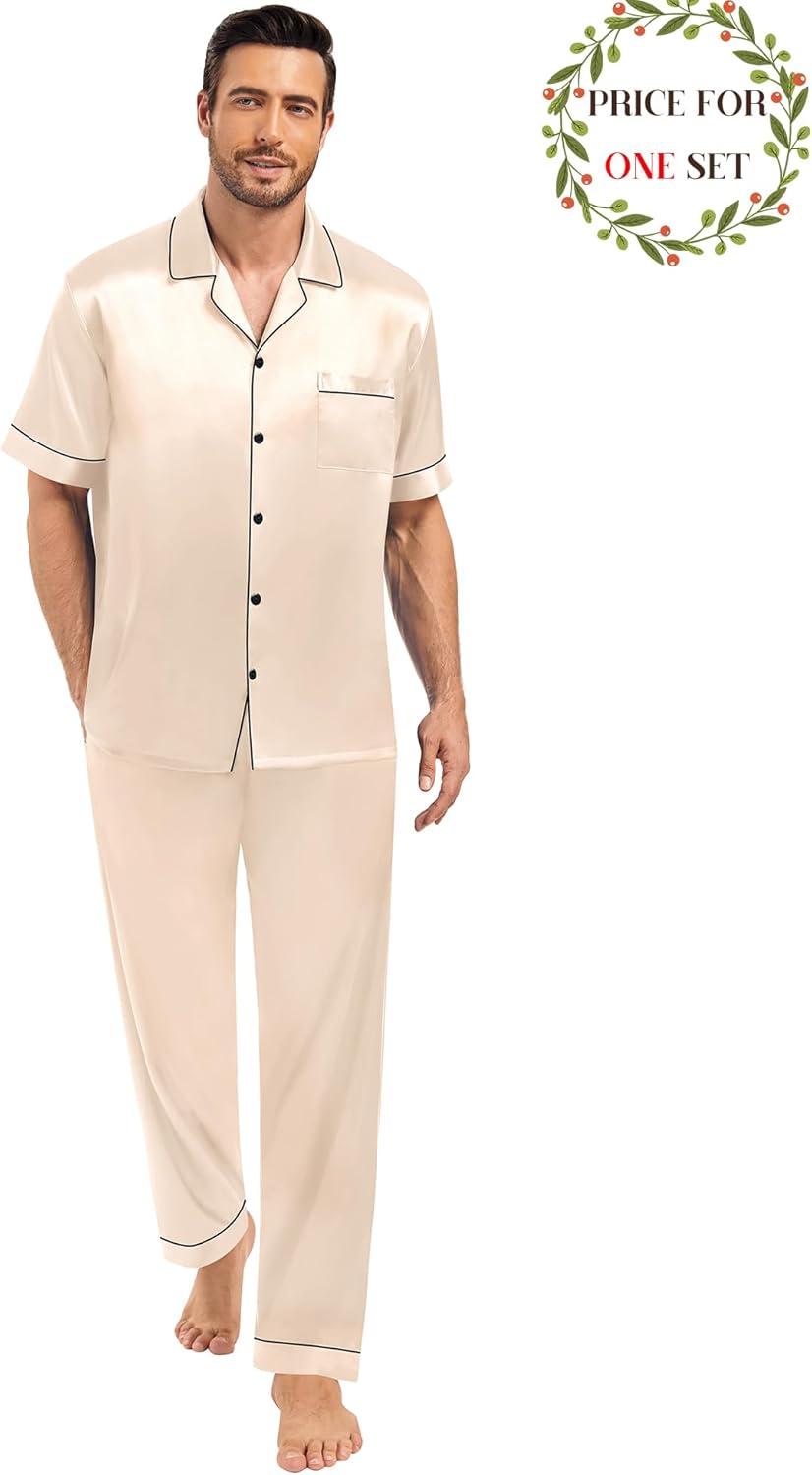 imageSWOMOG Matching Pajamas for Couples Satin Short Sleeve Sleepwear WomenMen Silk Soft Button Down Nightwear 2 Pcs LoungewearChampagne