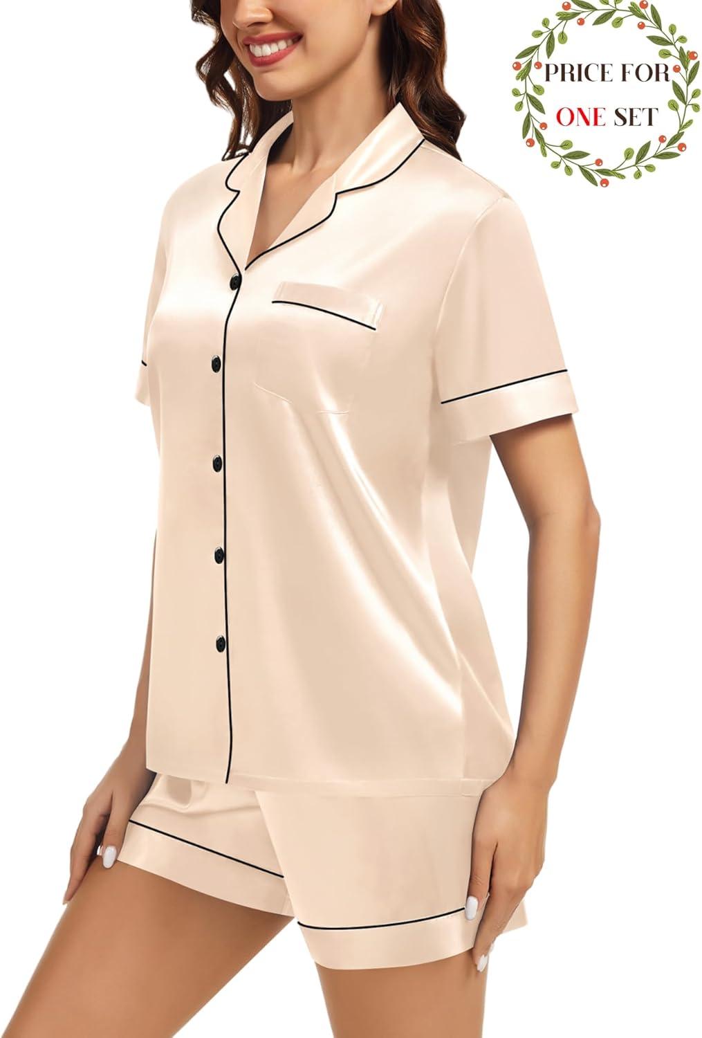 imageSWOMOG Matching Pajamas for Couples Satin Short Sleeve Sleepwear WomenMen Silk Soft Button Down Nightwear 2 Pcs LoungewearChampagne
