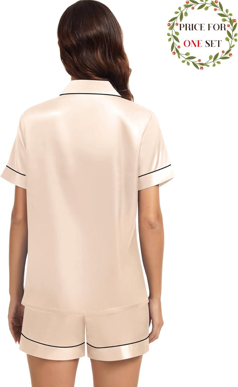 imageSWOMOG Matching Pajamas for Couples Satin Short Sleeve Sleepwear WomenMen Silk Soft Button Down Nightwear 2 Pcs LoungewearChampagne