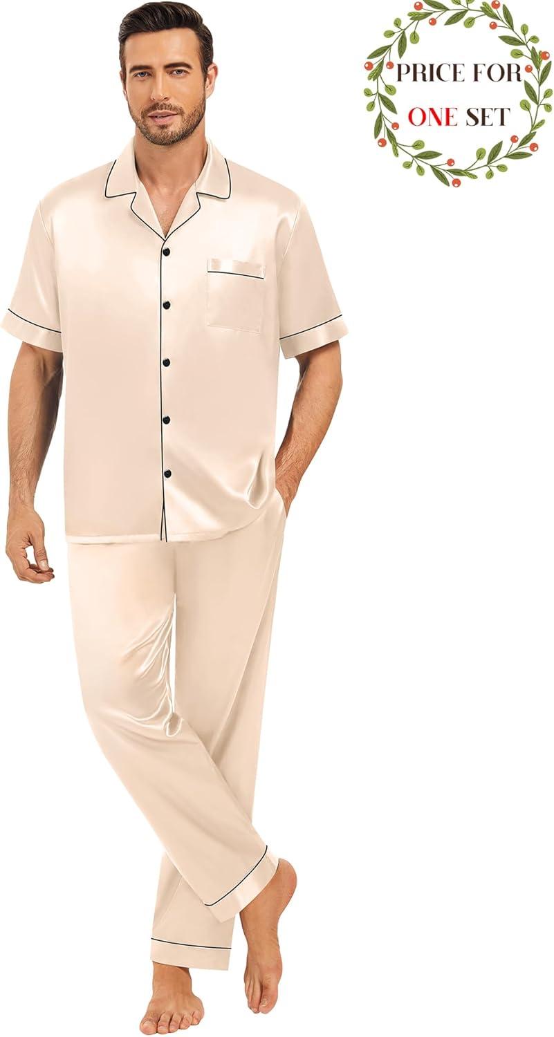 imageSWOMOG Matching Pajamas for Couples Satin Short Sleeve Sleepwear WomenMen Silk Soft Button Down Nightwear 2 Pcs LoungewearChampagne