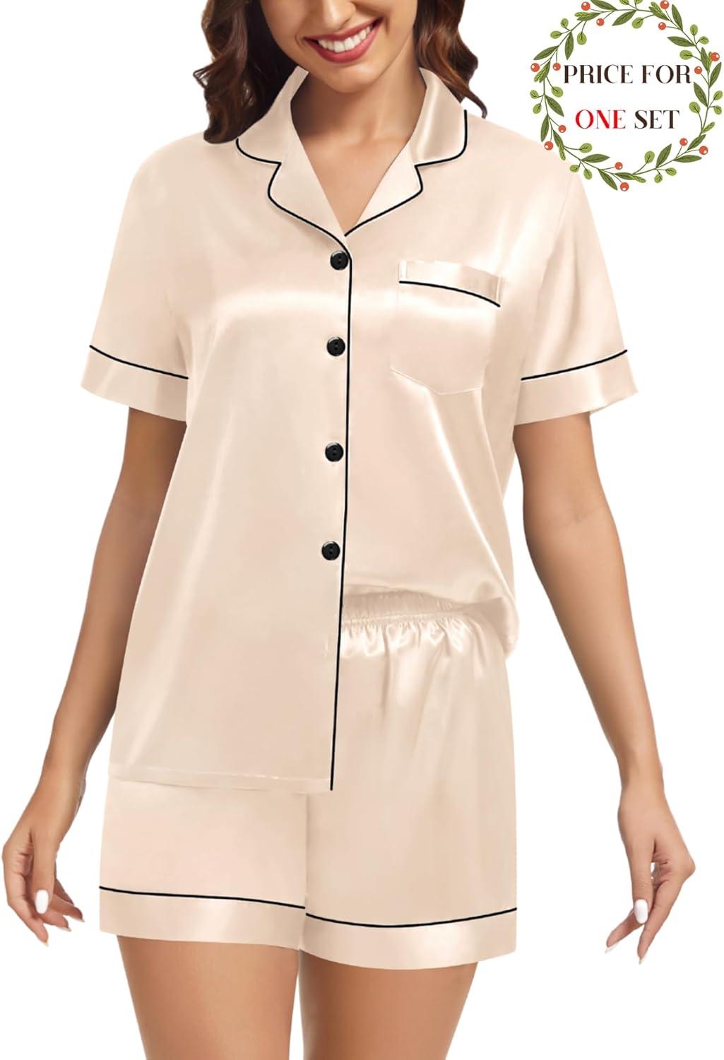 imageSWOMOG Matching Pajamas for Couples Satin Short Sleeve Sleepwear WomenMen Silk Soft Button Down Nightwear 2 Pcs LoungewearChampagne
