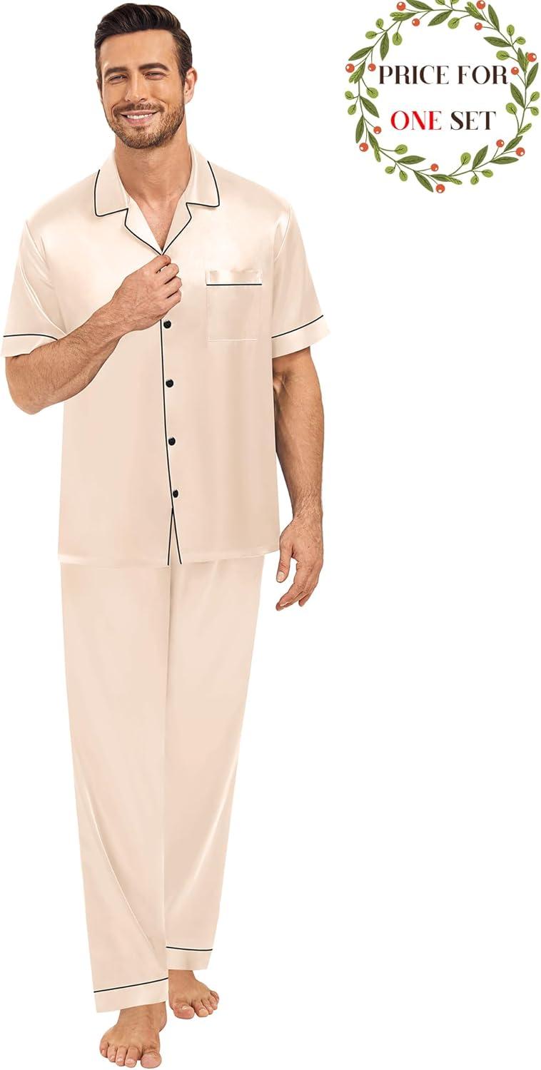 imageSWOMOG Matching Pajamas for Couples Satin Short Sleeve Sleepwear WomenMen Silk Soft Button Down Nightwear 2 Pcs LoungewearChampagne