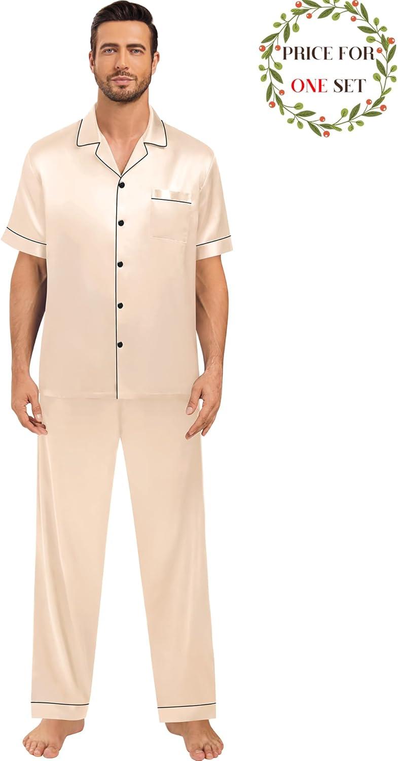 imageSWOMOG Matching Pajamas for Couples Satin Short Sleeve Sleepwear WomenMen Silk Soft Button Down Nightwear 2 Pcs LoungewearChampagne