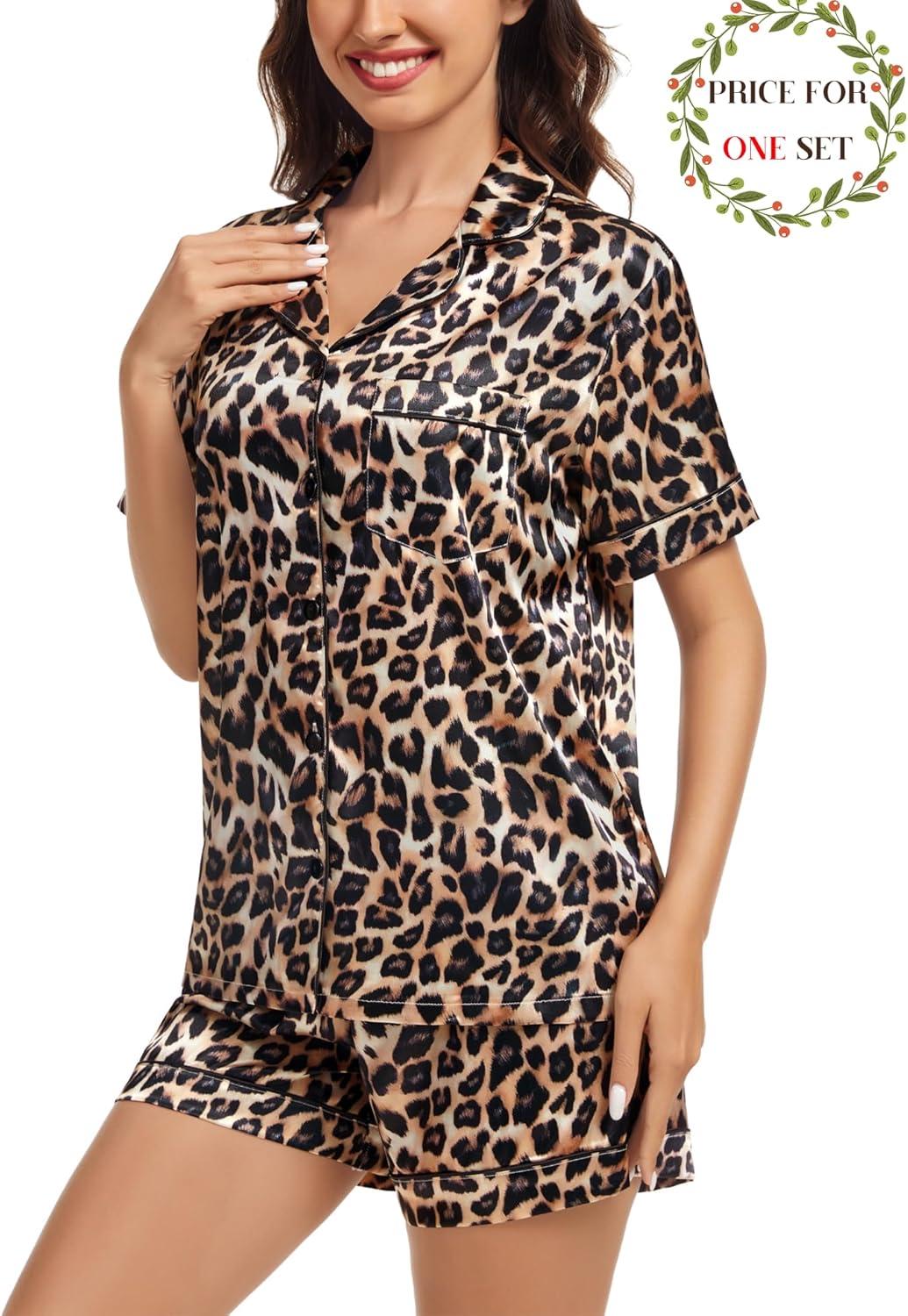 imageSWOMOG Matching Pajamas for Couples Satin Short Sleeve Sleepwear WomenMen Silk Soft Button Down Nightwear 2 Pcs LoungewearLeopard