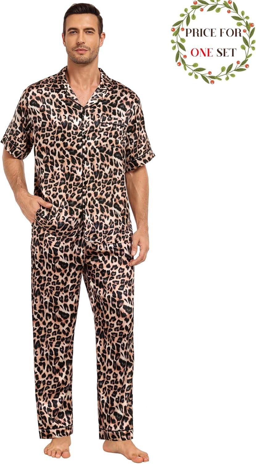 imageSWOMOG Matching Pajamas for Couples Satin Short Sleeve Sleepwear WomenMen Silk Soft Button Down Nightwear 2 Pcs LoungewearLeopard