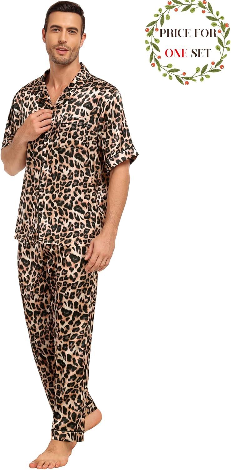 imageSWOMOG Matching Pajamas for Couples Satin Short Sleeve Sleepwear WomenMen Silk Soft Button Down Nightwear 2 Pcs LoungewearLeopard