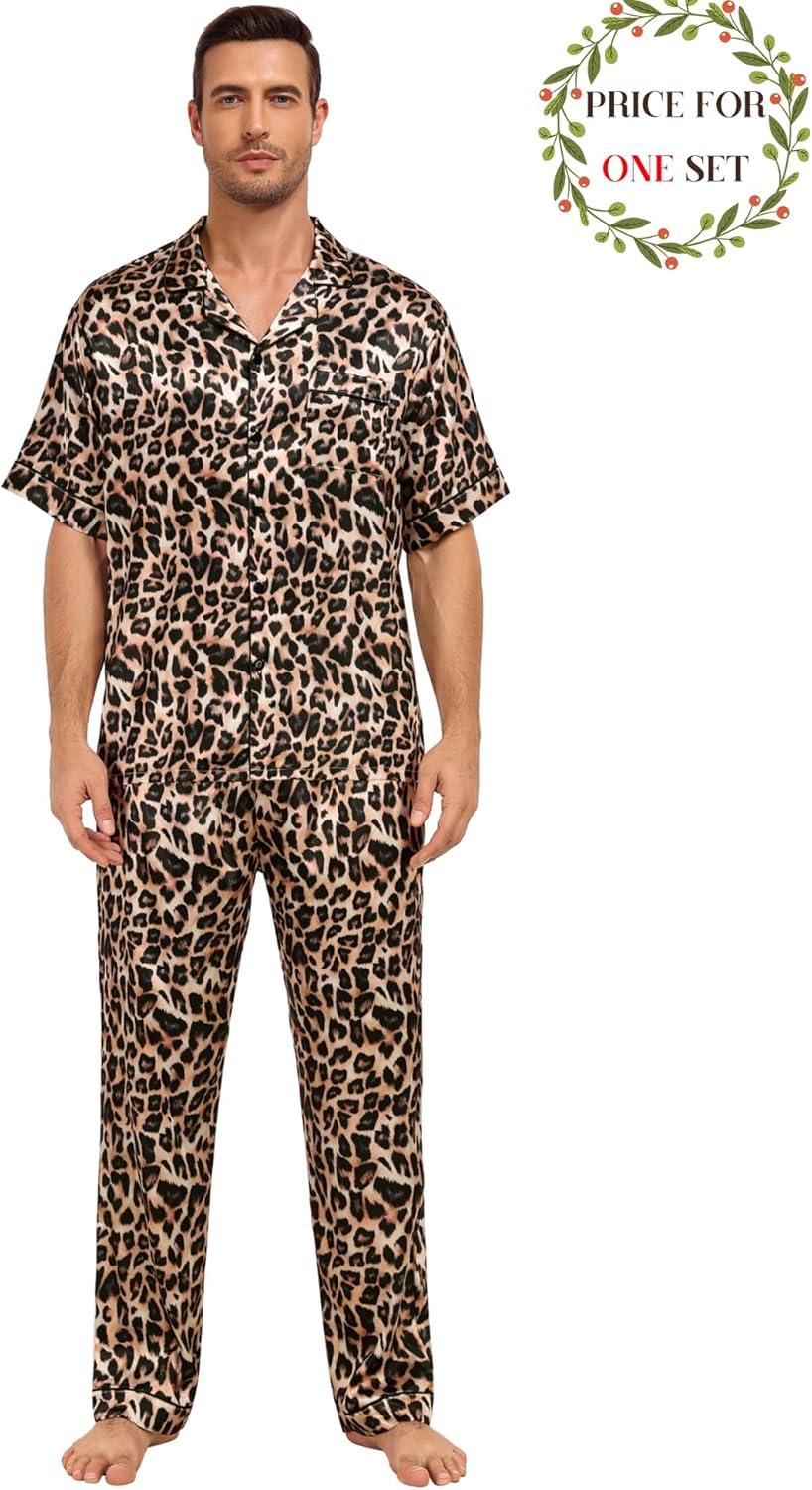 imageSWOMOG Matching Pajamas for Couples Satin Short Sleeve Sleepwear WomenMen Silk Soft Button Down Nightwear 2 Pcs LoungewearLeopard