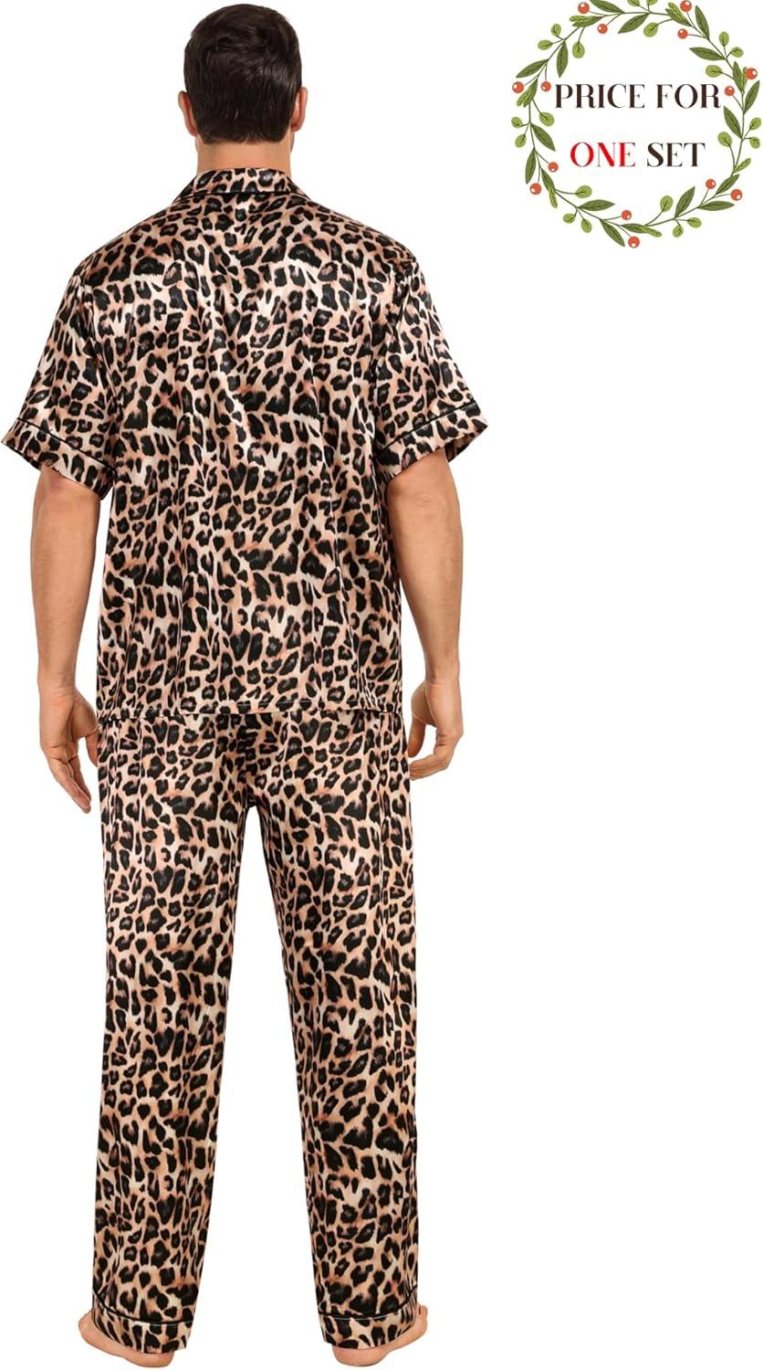 imageSWOMOG Matching Pajamas for Couples Satin Short Sleeve Sleepwear WomenMen Silk Soft Button Down Nightwear 2 Pcs LoungewearLeopard