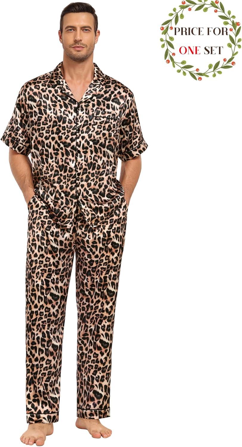 imageSWOMOG Matching Pajamas for Couples Satin Short Sleeve Sleepwear WomenMen Silk Soft Button Down Nightwear 2 Pcs LoungewearLeopard