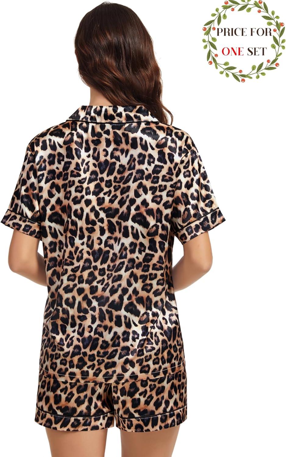 imageSWOMOG Matching Pajamas for Couples Satin Short Sleeve Sleepwear WomenMen Silk Soft Button Down Nightwear 2 Pcs LoungewearLeopard